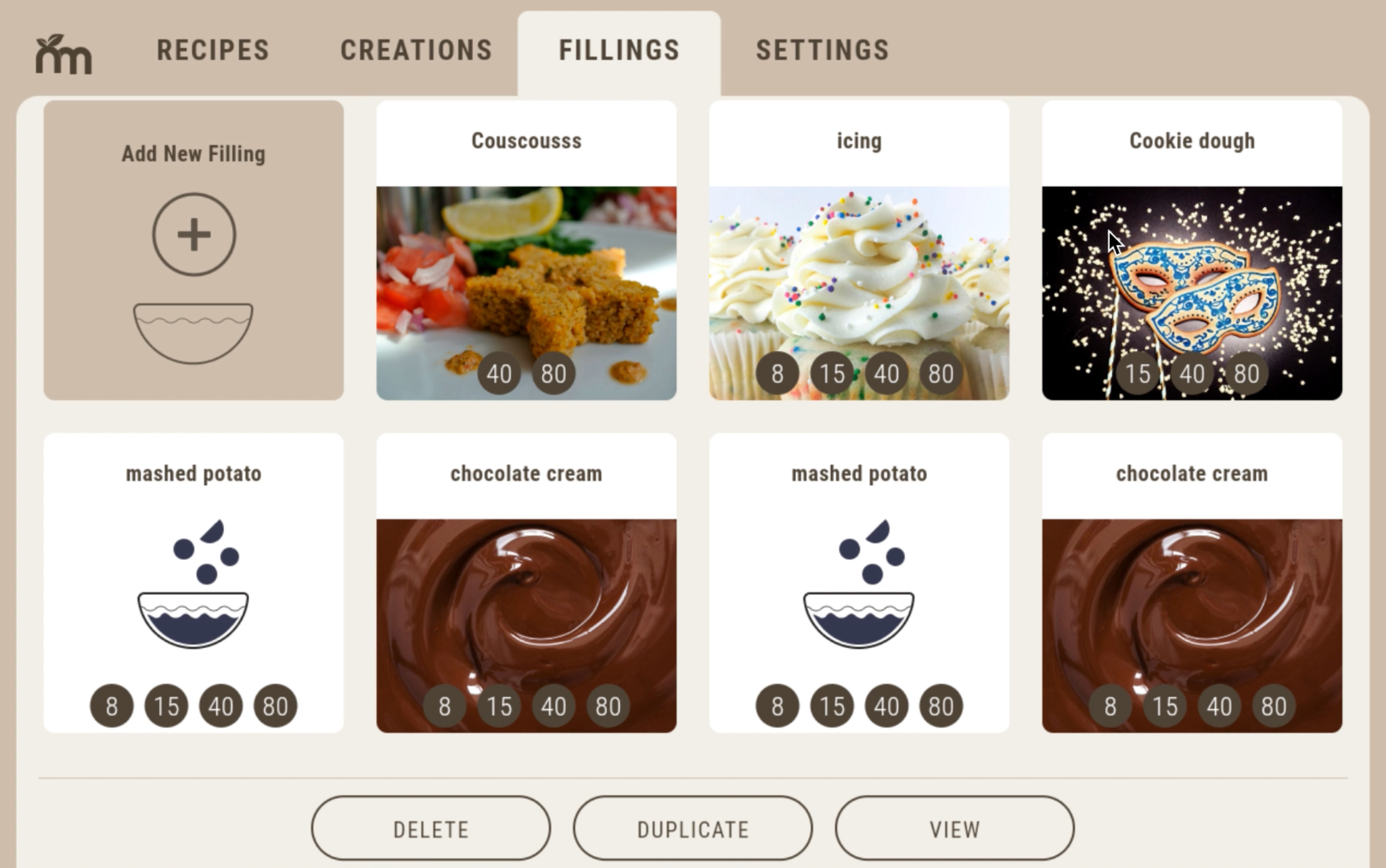 Foodini fillings interface on the integrated tablet