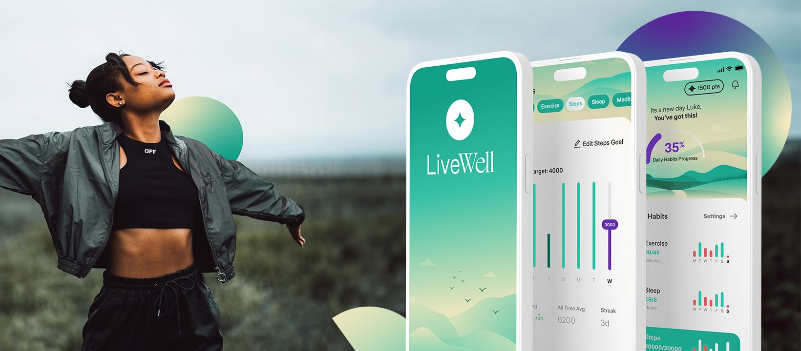 LiveWell visual identity shown across two phone mockups
